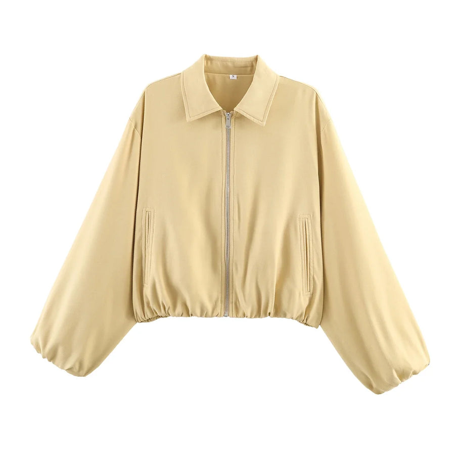 Women's Plain Short Women's Jacket with Zipper and Classic Collar