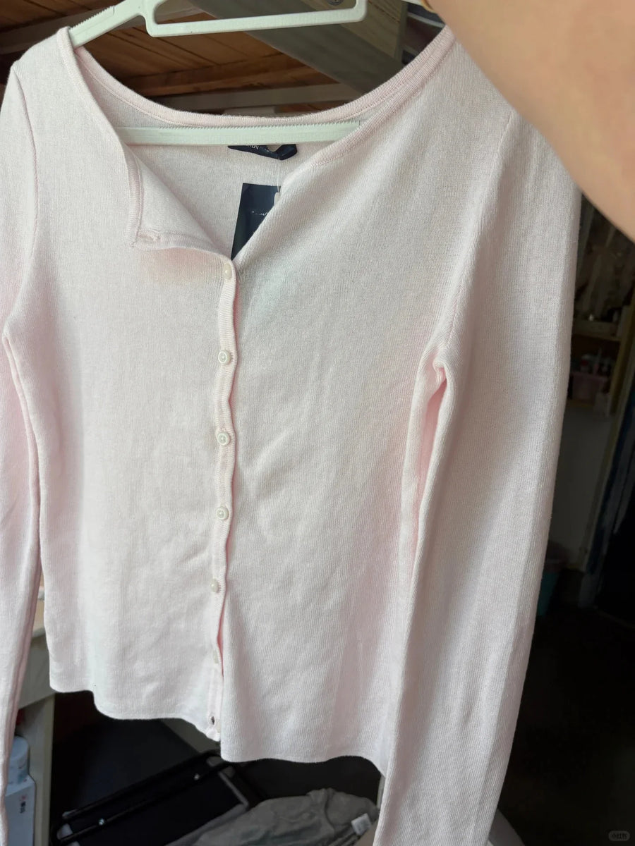 Cárdigan rosa pálido de canalé para mujer, de manga larga y cuello redondo