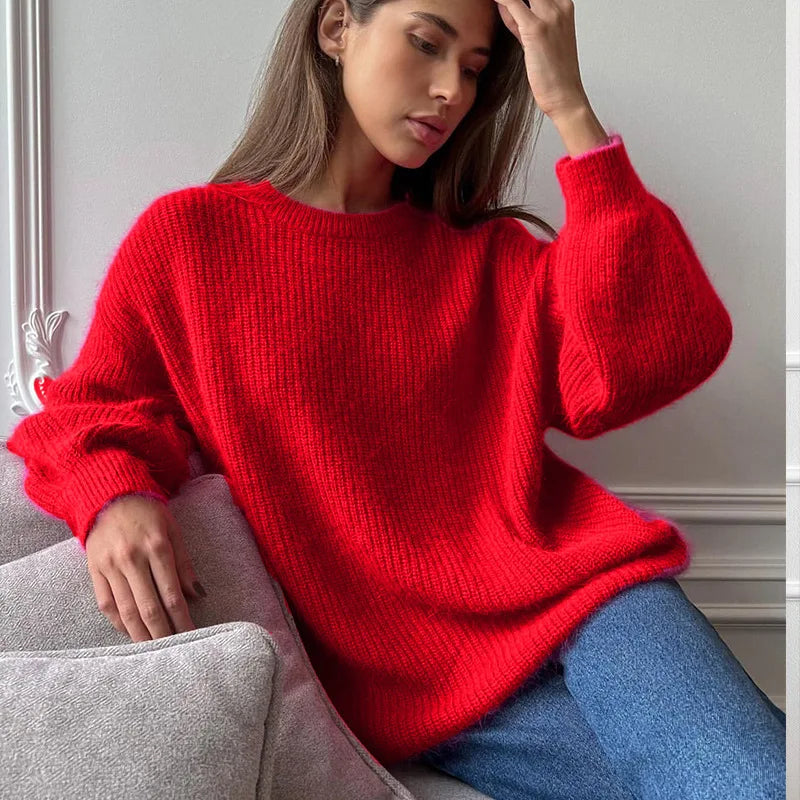 Jersey holgado de punto de canalé para mujer, con cuello redondo y mangas largas