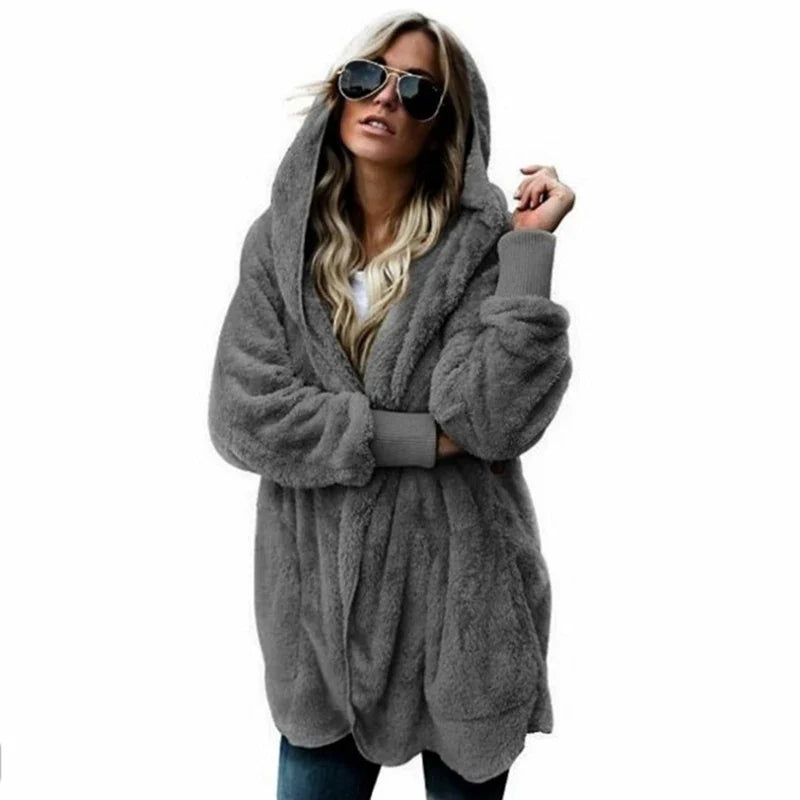 Gilet long femme doux à capuche uni avec poches