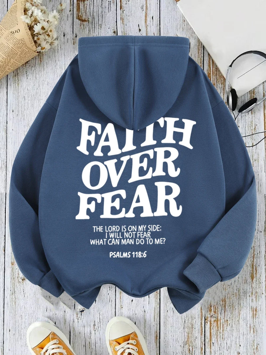Felpa con cappuccio unisex a tinta unita con stampa "Faith Over Fear"