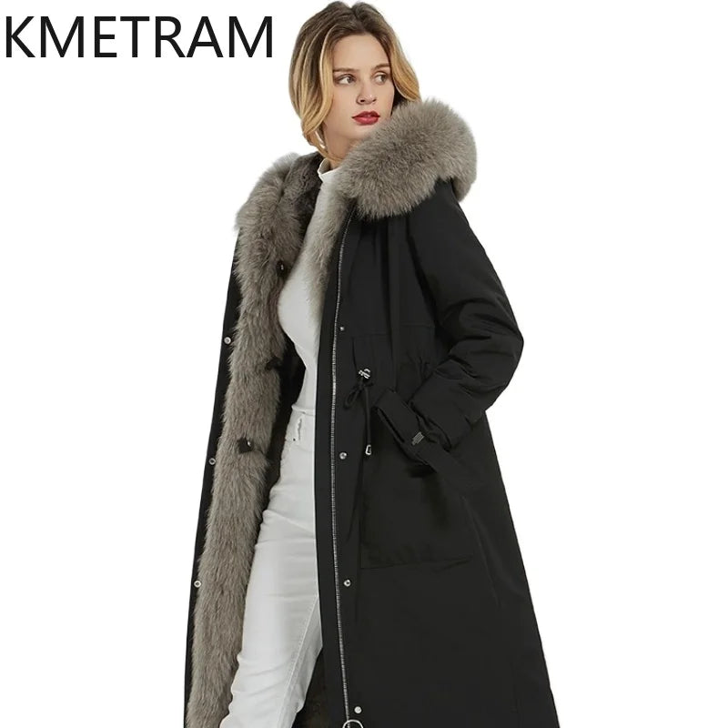 Black long parka for women with a hood and gray faux-fur lining