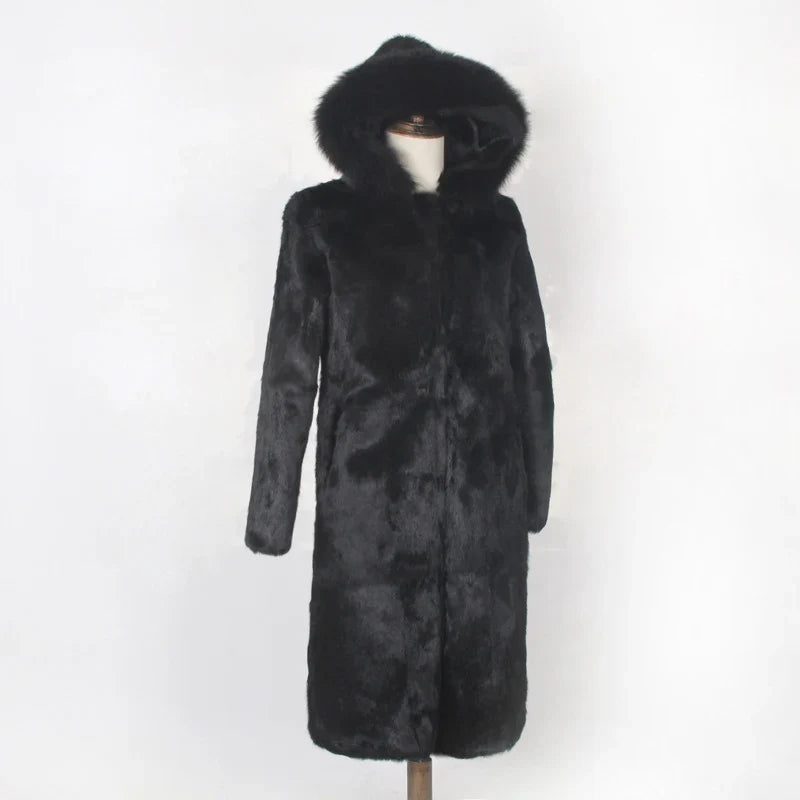Manteau long noir à capuche en fausse fourrure pour femme