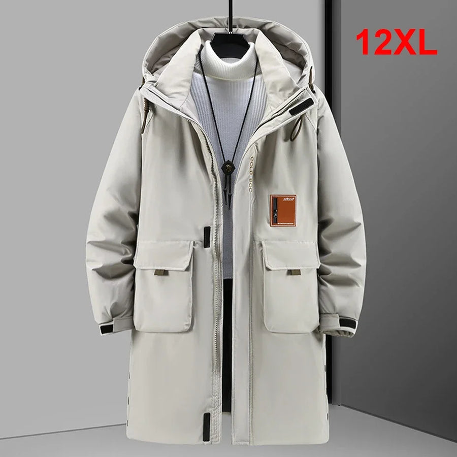 Men's long hooded padded coat - Beige, flap pockets