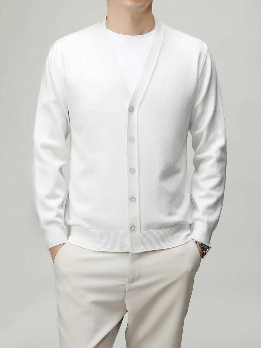 Chaleco cardigan ligero de color liso para hombre con cuello de pico, botones y mangas largas