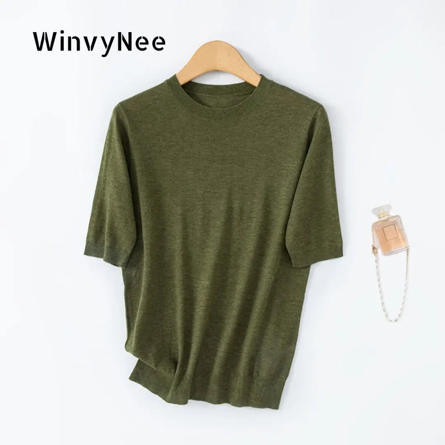 T-shirt casual da donna in maglia a maniche corte con collo rotondo e tinta unita
