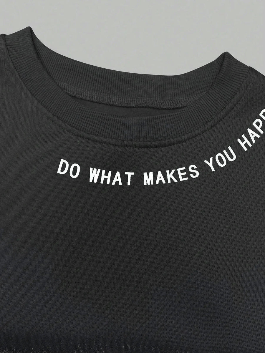 Sweatshirt til kvinder med rund hals, tekst på ærmer og skulder: "DO WHAT MAKES YOU HAPPY"