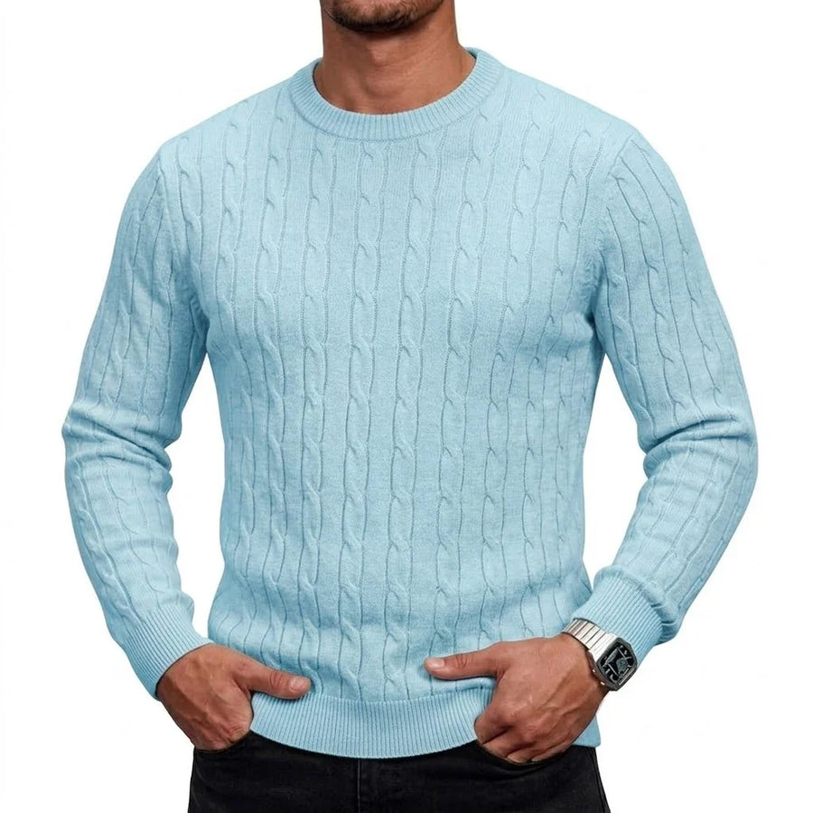 Jersey de hombre de punto trenzado, cuello redondo, manga larga y color liso