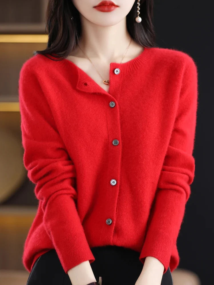 Weicher Damen-Cardigan mit Rundhalsausschnitt, Knöpfen und langen Ärmeln, Grau