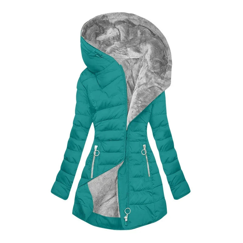 Women's long quilted puffer jacket with faux-fur-lined hood and decorative zippers