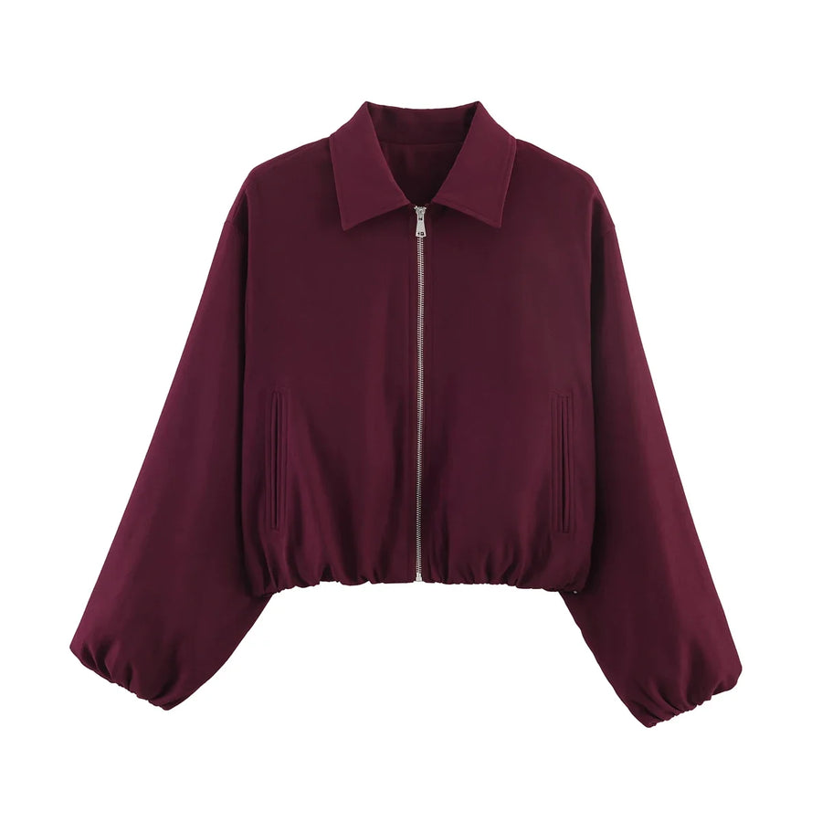 Women's Plain Short Women's Jacket with Zipper and Classic Collar