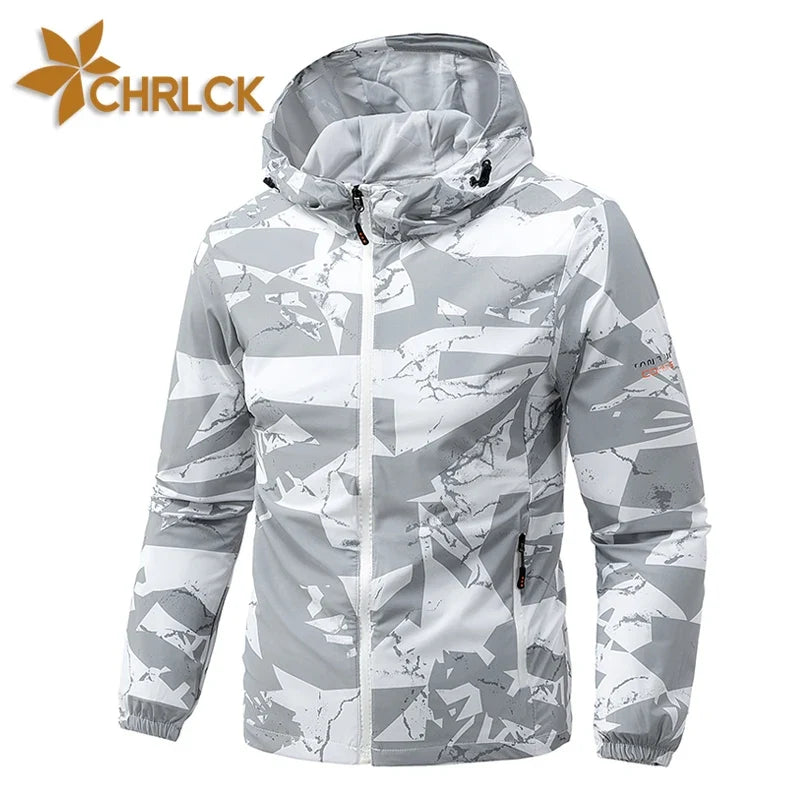 Chaqueta con capucha para hombre, estampado geométrico gris y blanco