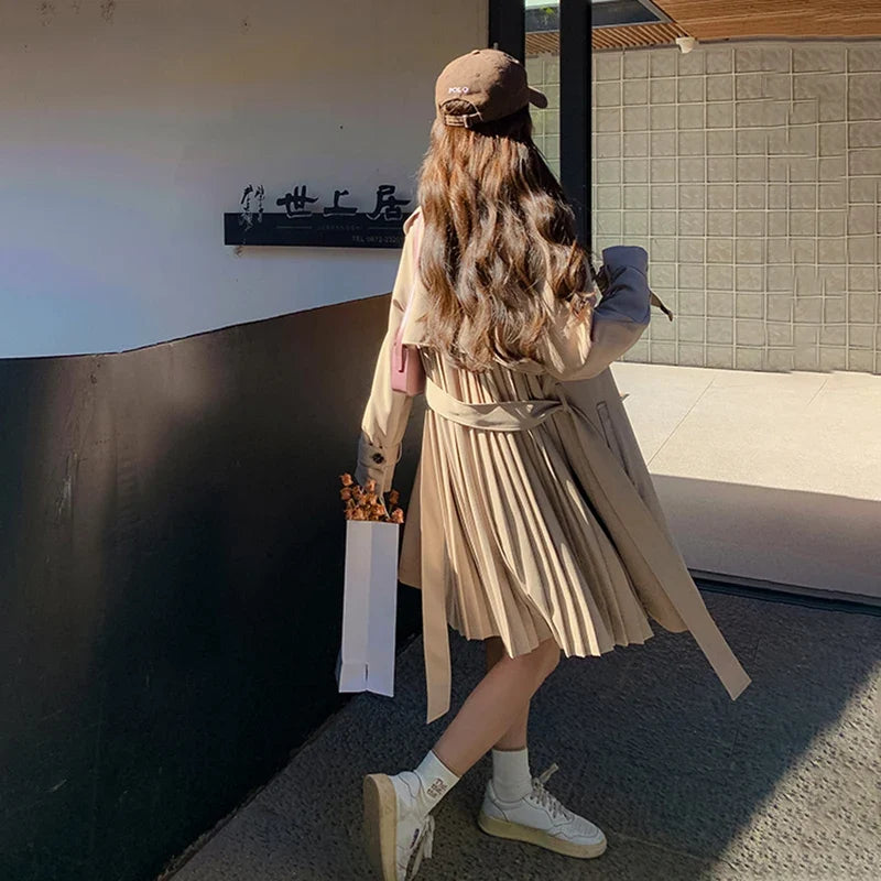Chic Beige Pleated Women's Trench Coat with Belt