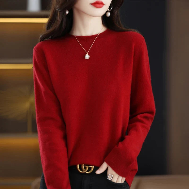 Pull col rond basique femme manches longues uni