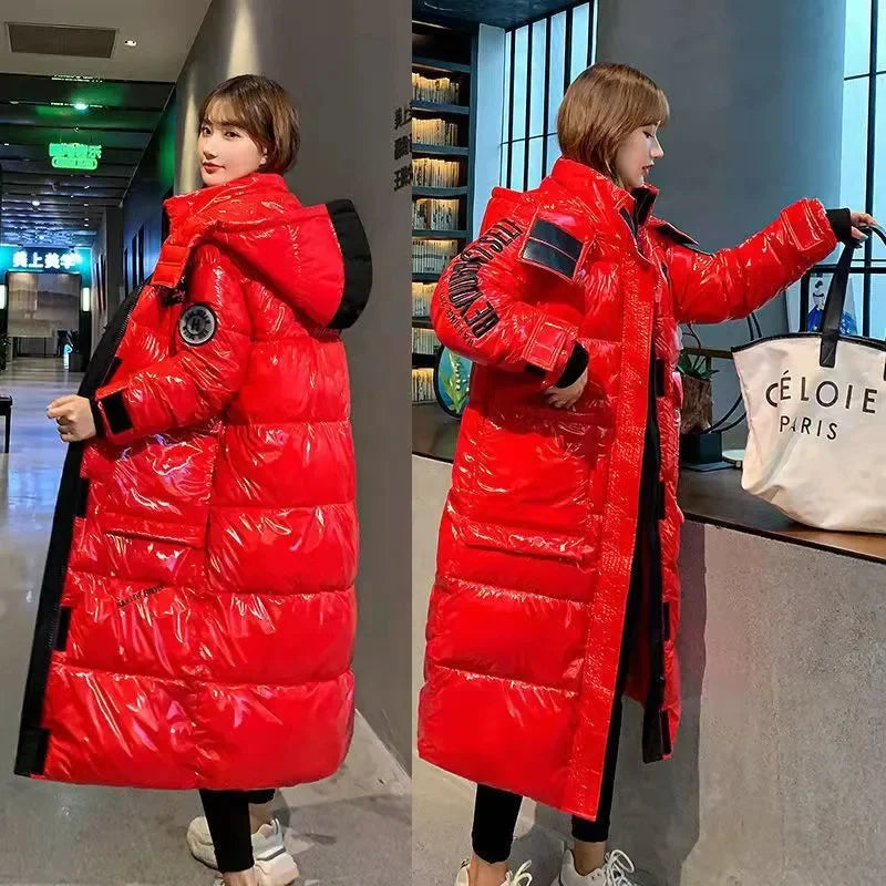 Doudoune longue brillante à capuche pour femme, coloris varié