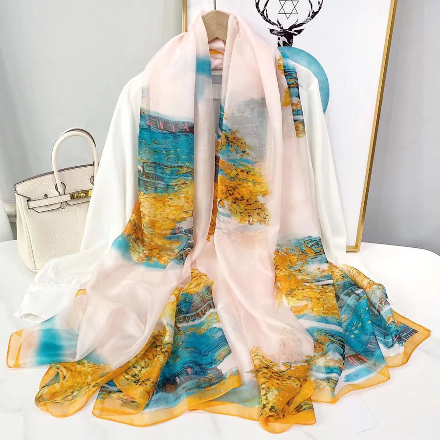 Lightweight women's scarf with landscape or floral patterns