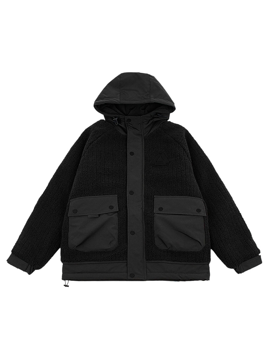 Giacca da uomo con cappuccio effetto pile, stile casual, antivento, nera
