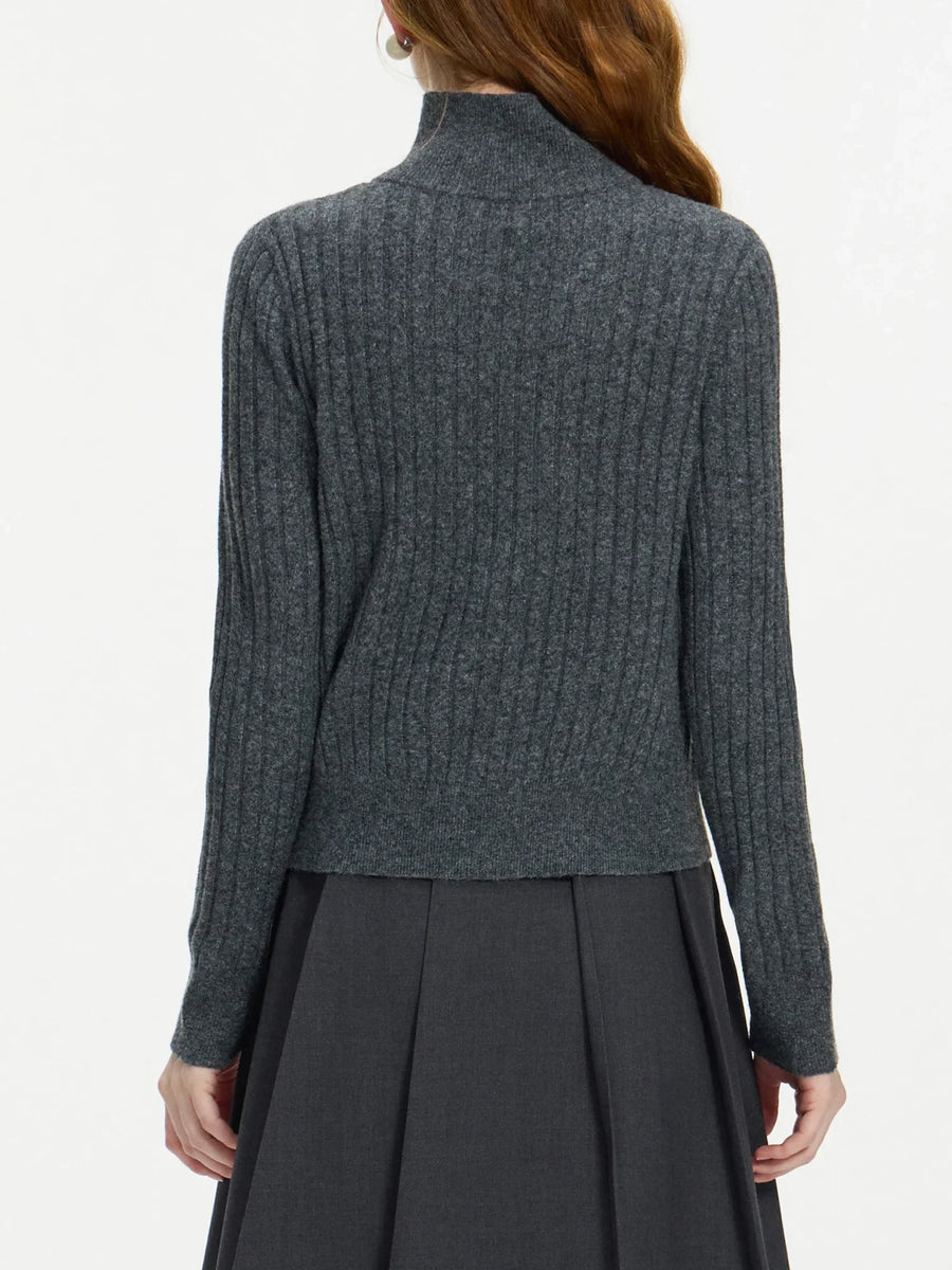 Damski sweter polo w kolorze antracytowym, z dzianiny prążkowanej i długimi rękawami