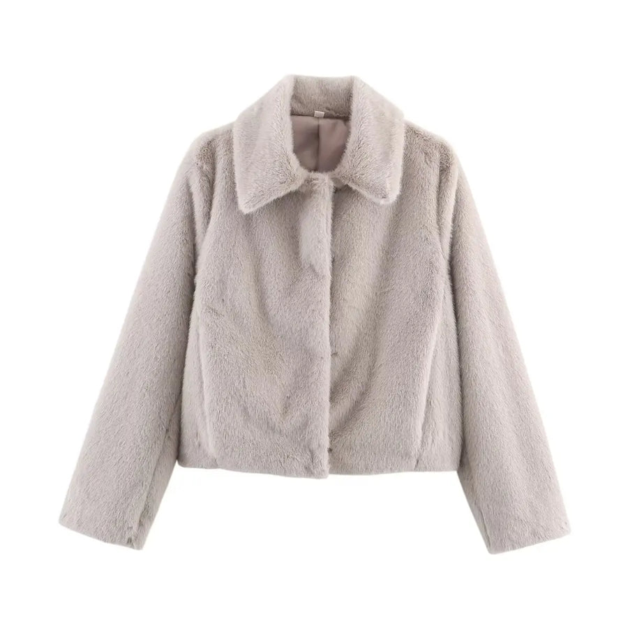 Chaqueta corta de piel sintética para mujer, cuello clásico y mangas largas