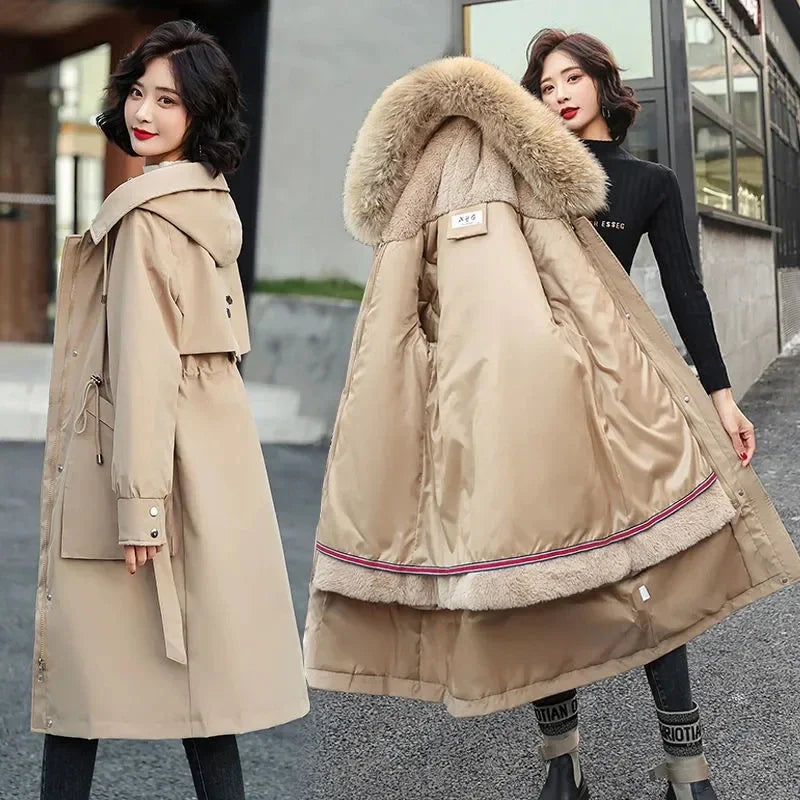 Women's long quilted parka coat with a faux-fur-trimmed hood and removable lining