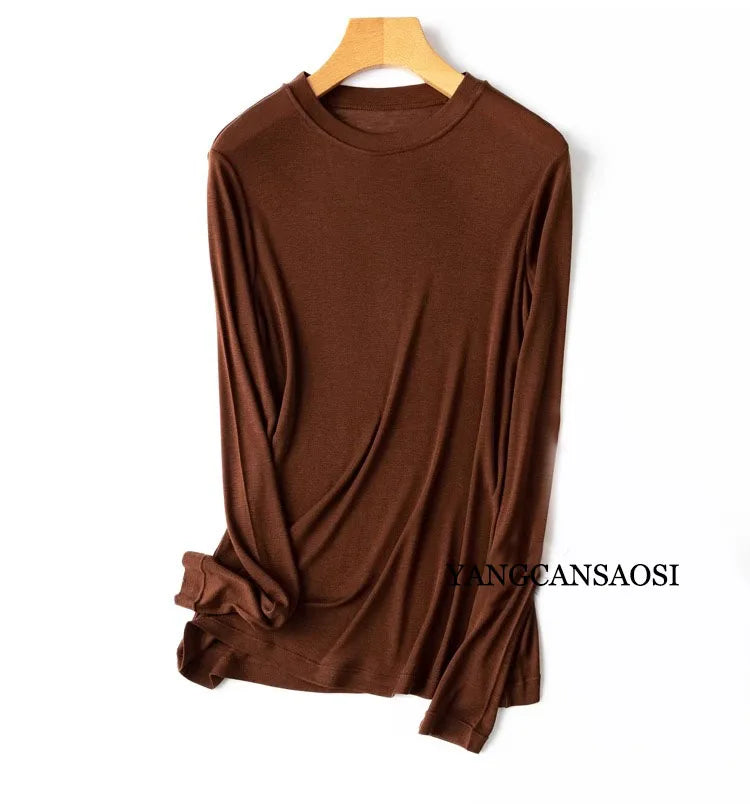 Camiseta lisa de manga larga para mujer con cuello redondo o vuelto