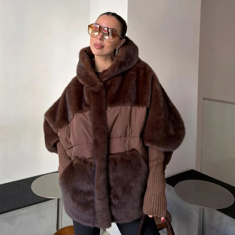 Manteau Femme Hiver Doux Capuche Panneaux Fausse Fourrure Matelassé Manches Longues