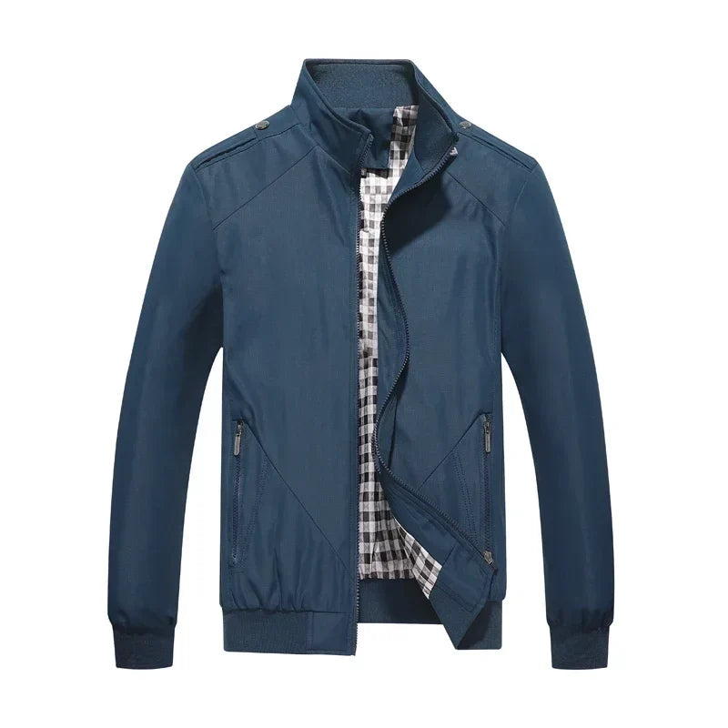 Einfarbige Herrenjacke mit Reißverschluss, Stehkragen und Seitentaschen