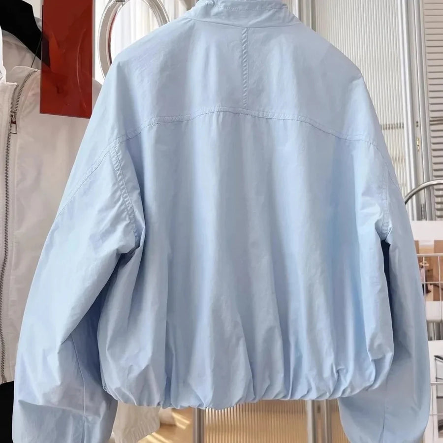 Chaqueta cortavientos ligera para mujer, cuello alto y cierre de cremallera, azul claro o blanca