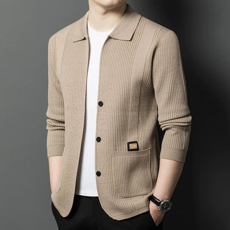 Cardigan Homme Tricot Col Polo Boutonné Poches Plaquées