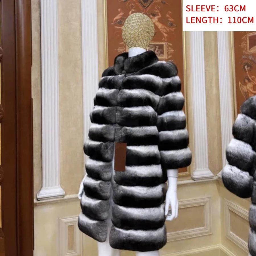 Thick, warm black-and-white striped faux-fur long coat for women
