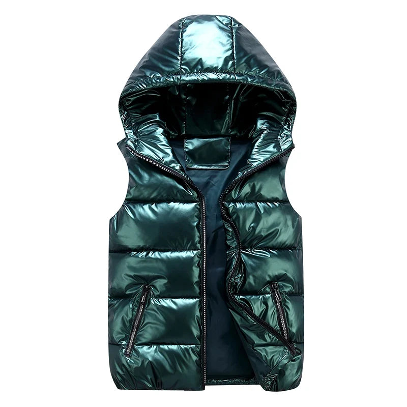 Glänzende ärmellose Herren-Daunenjacke mit Kapuze und Reißverschluss