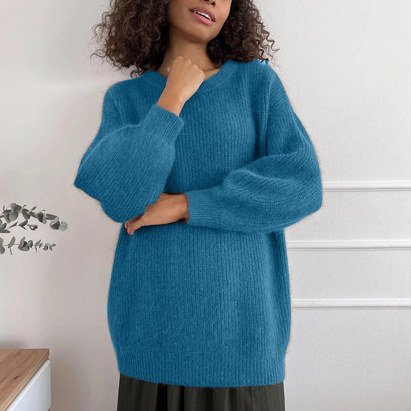 Jersey holgado de punto de canalé para mujer, con cuello redondo y mangas largas