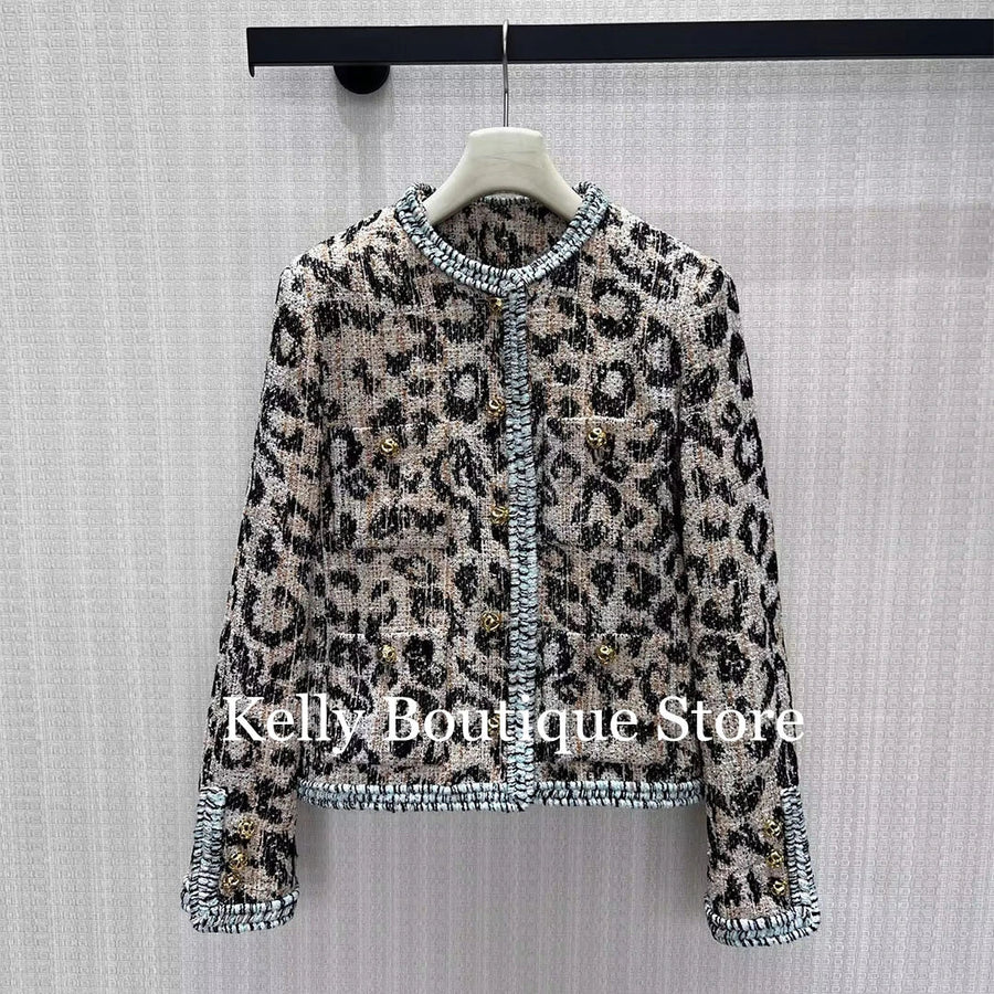 Veste Femme Tissu Texturé Imprimé Léopard Col Rond Boutons Dorés