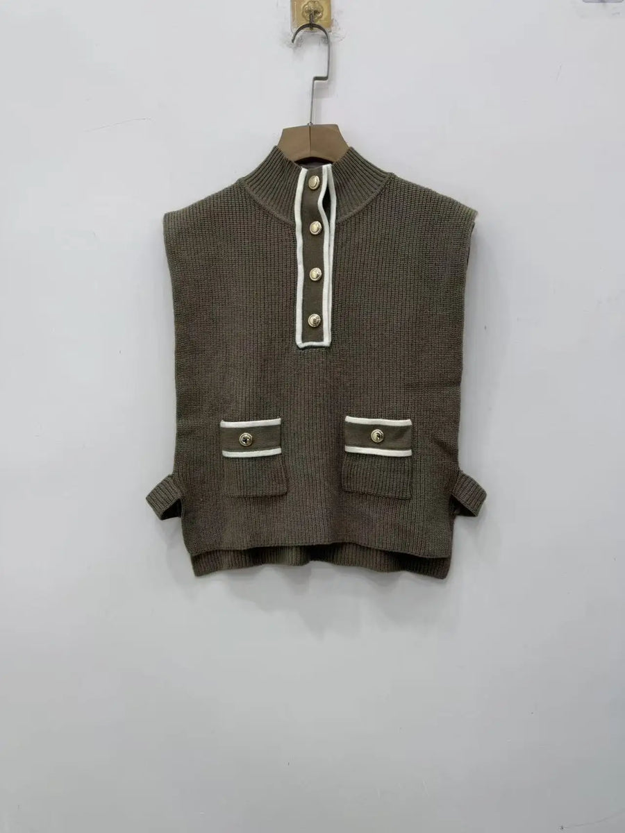 Women's khaki green knitted sleeveless sweater vest with mock neck and gold button details