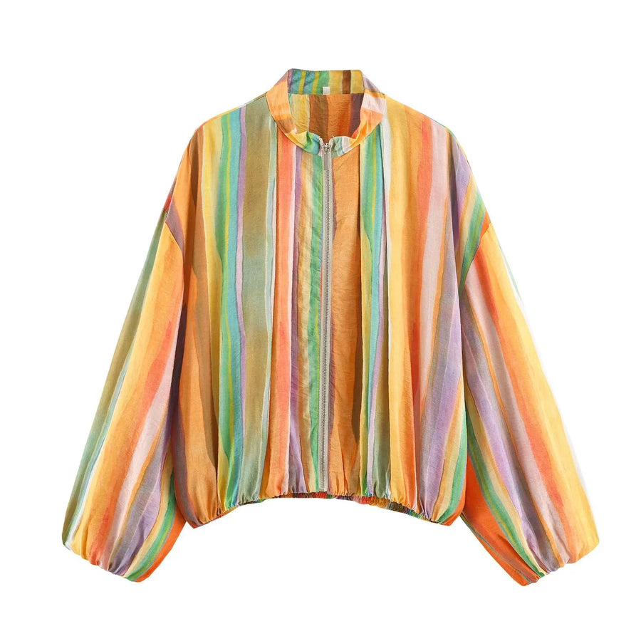 Women's lightweight zip-up jacket with stand collar, puff sleeves, assorted colors