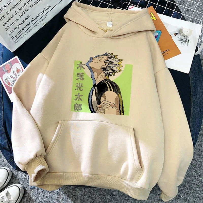 Unisex hettegenser med Haikyuu-grafikktrykk, avslappet stil