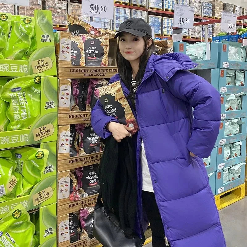 Piumino lungo casual da donna con cappuccio, per l'inverno