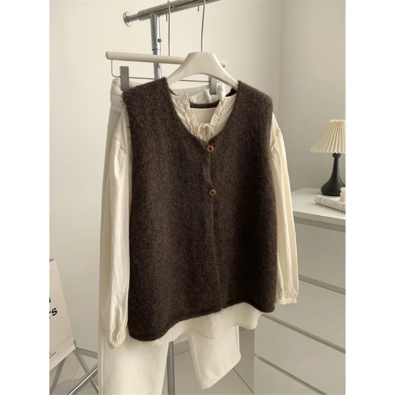 Gilet sans manches en maille col V pour femme, boutons décoratifs