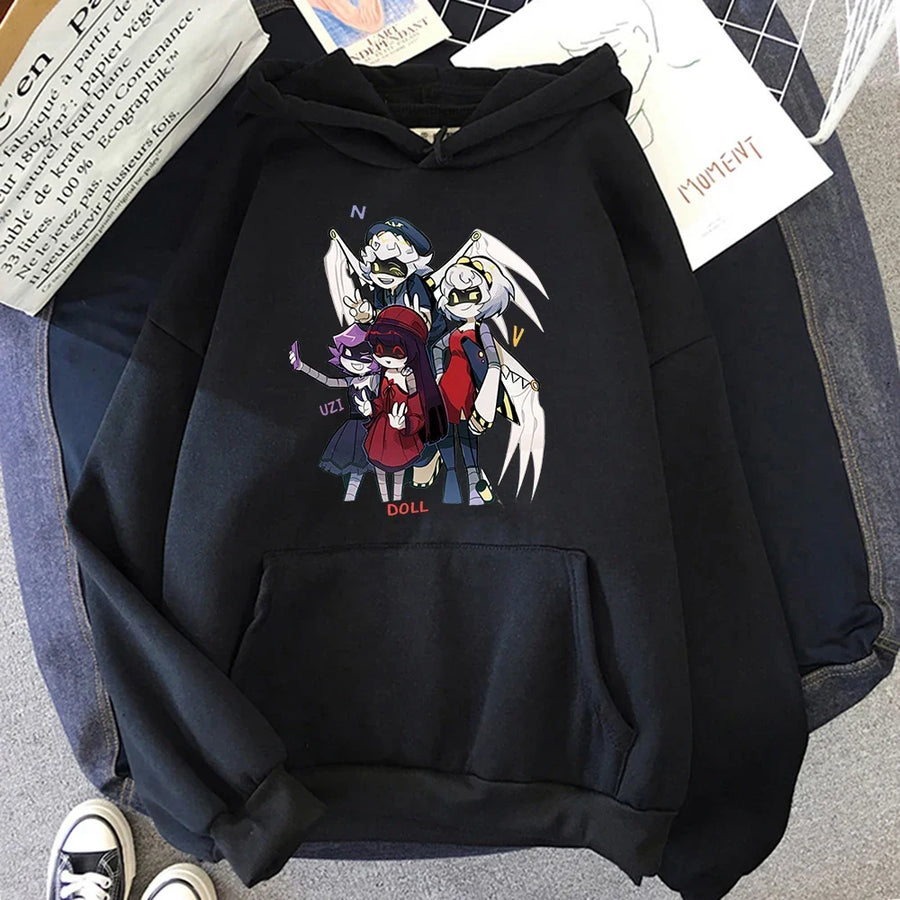 Felpa con cappuccio unisex con stampa anime, tasca a marsupio e coulisse