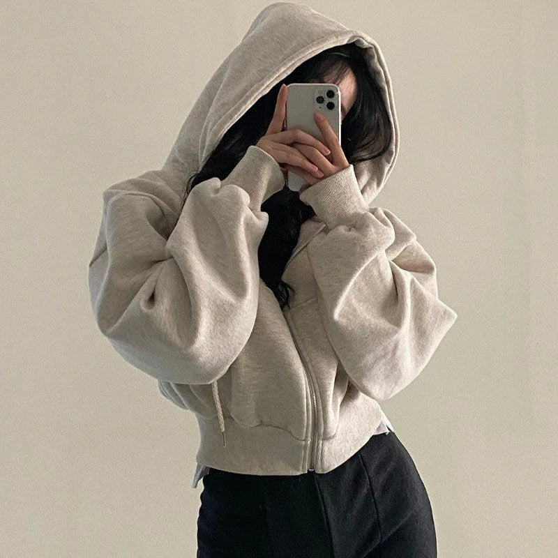 Sudadera corta con capucha y cremallera para mujer, de manga larga y color liso