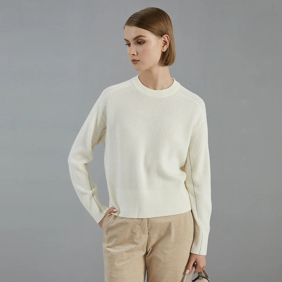 Gerippter Damenpullover mit Rundhalsausschnitt - Cremeweiß, Anthrazitgrau, Beige - Legere Passform