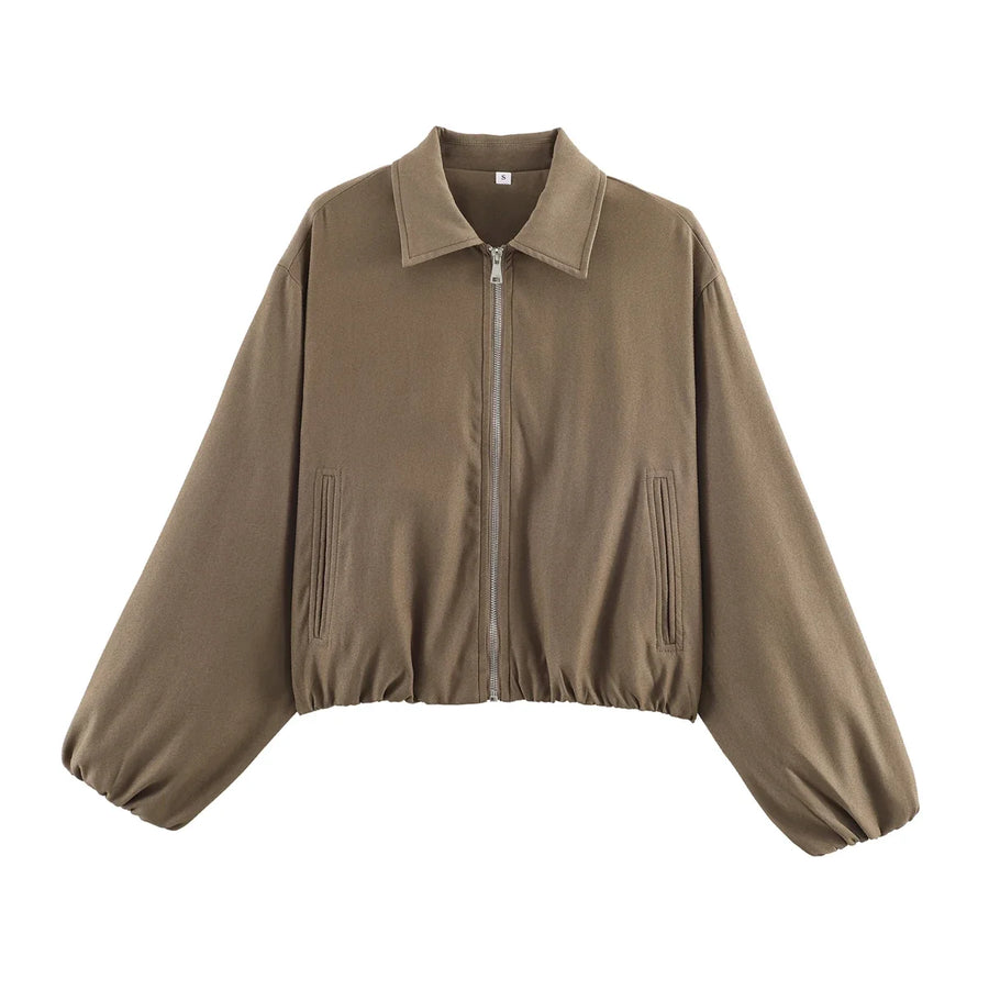 Women's Plain Short Women's Jacket with Zipper and Classic Collar