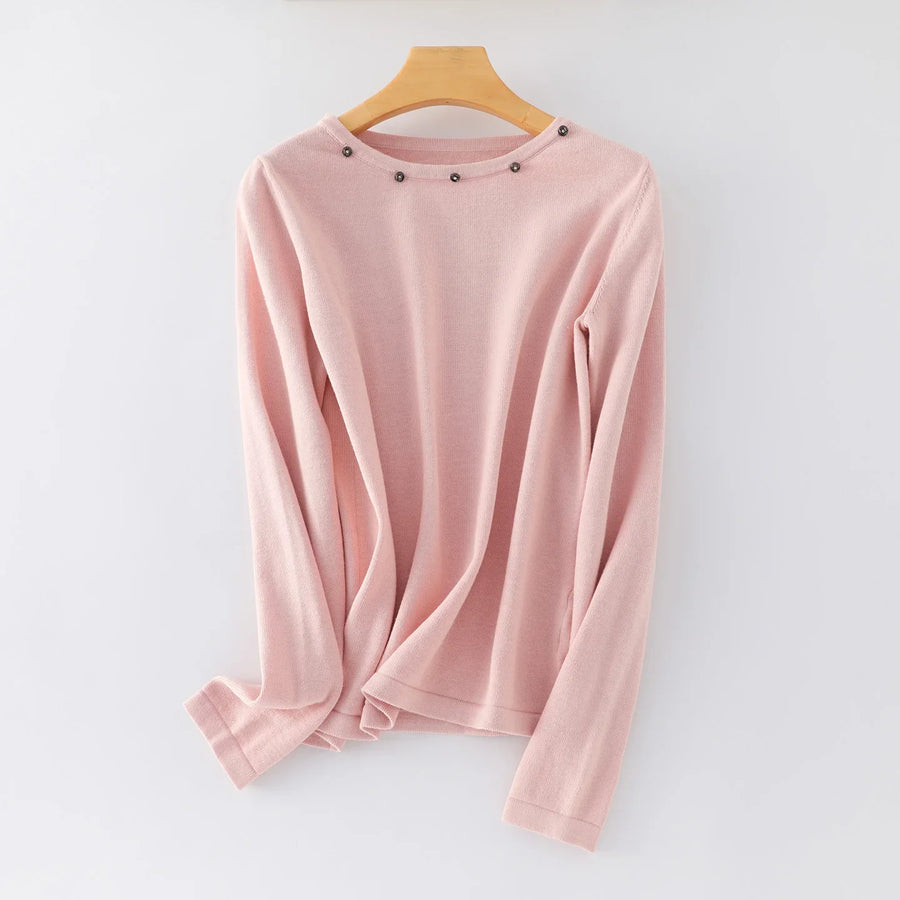 Women's fine-knit long-sleeve crew-neck top with metallic details