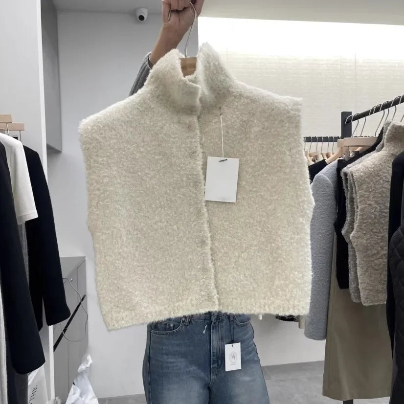 Chaleco texturizado de punto sin mangas con cuello alto para mujer - Beige, curry o blanco