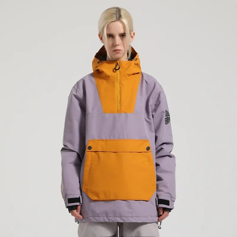 Damen-Anorak-Skijacke mit Kapuze, wasserdicht und winddicht, mit großer Fronttasche