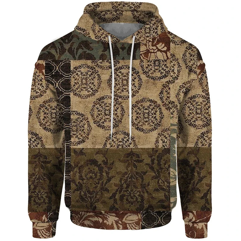 Sudadera con capucha estampada de patchwork con motivos geométricos y florales rojos y beige