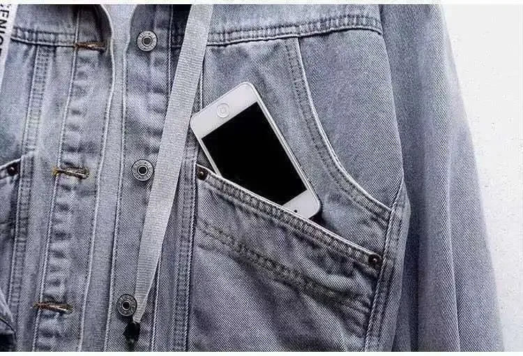 Women's Gray Washed Denim Jacket with Integrated Hood