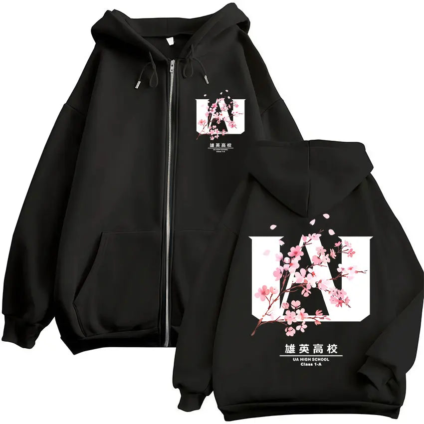 Sweat à capuche zippé imprimé motif fantaisie avec poches kangourou