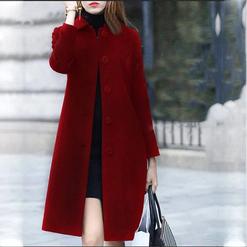Manteau Long Femme Élégant avec Boutons, Col Classique