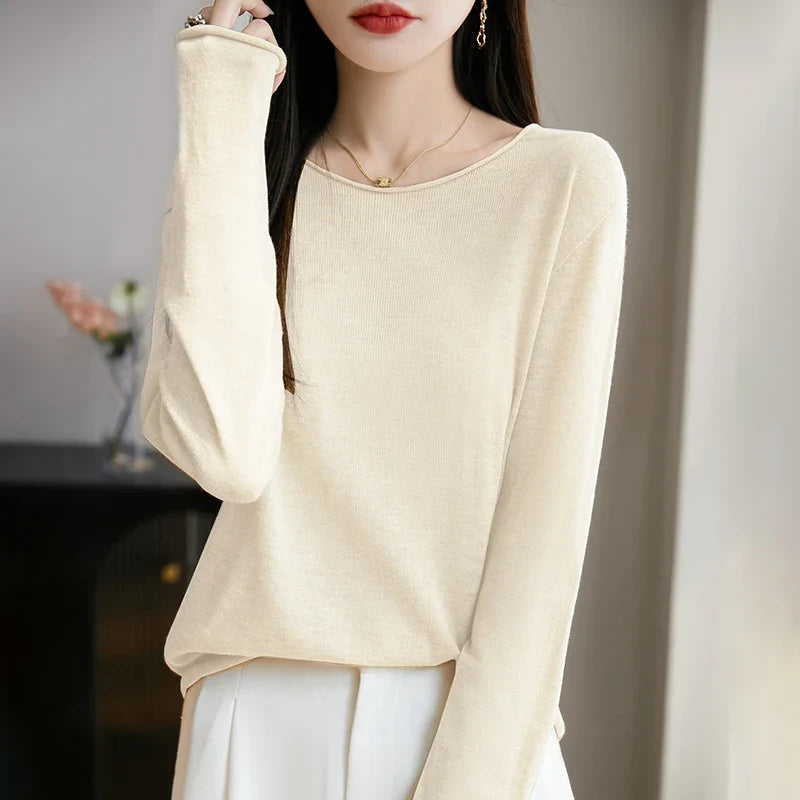 Suéter fino informal de mujer, de manga larga, cuello redondo y color liso